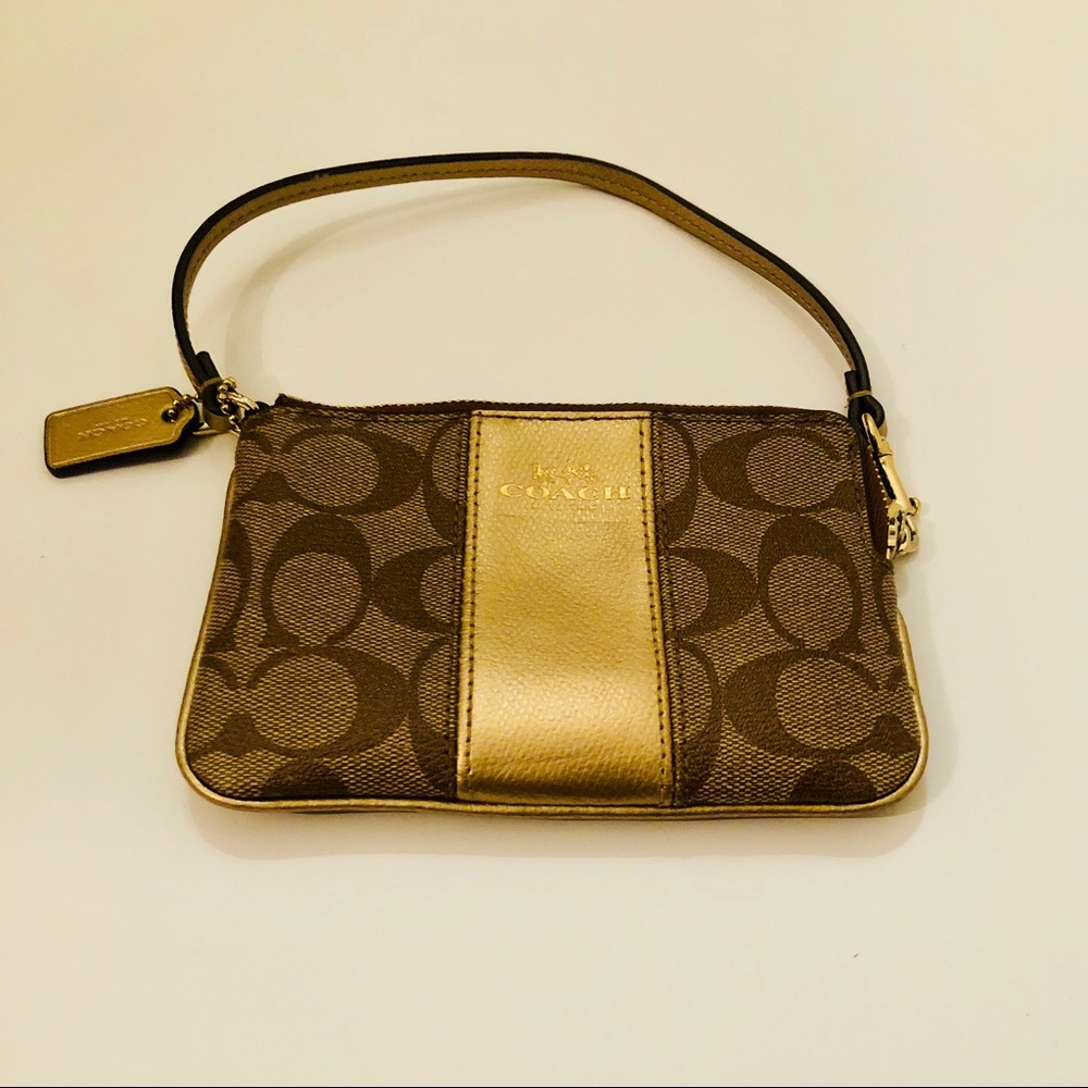 Signature Khaki/Platinum Coach Wristlet